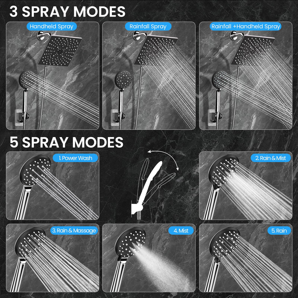 Veken handheld spray with 5 modes enables versatile cleansing.