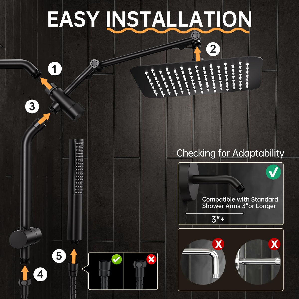 Veken matte black finish on durable metal shower system