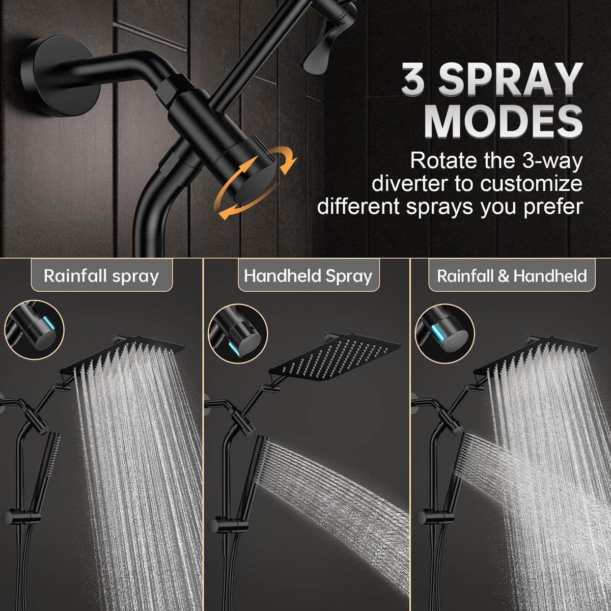 Veken power wash feature on handheld promotes easy soap scum removal.