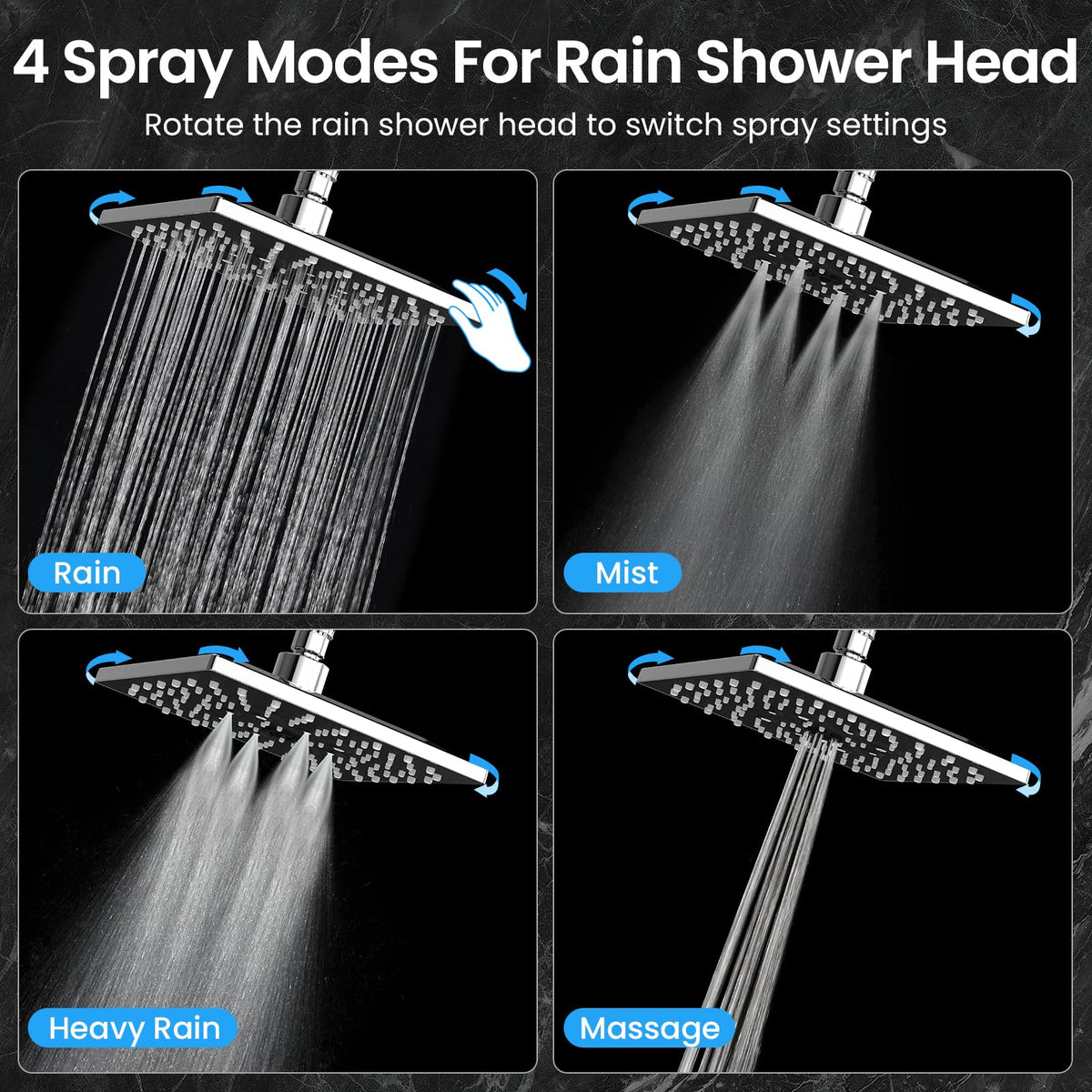 Veken square rainfall head adds modern style with broad water reach.