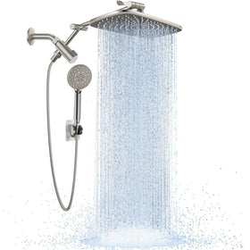 Veken wide brushed nickel rain shower head provides full-body coverage for a spa-like shower