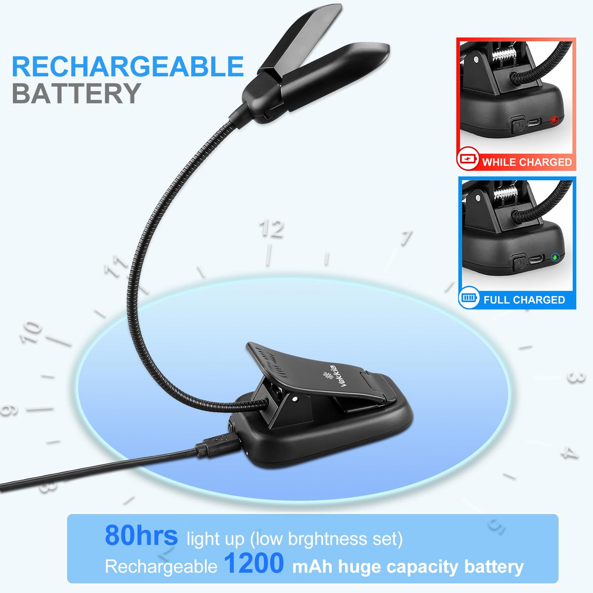 Vekkia book light demonstrating 3 color modes for reading comfort