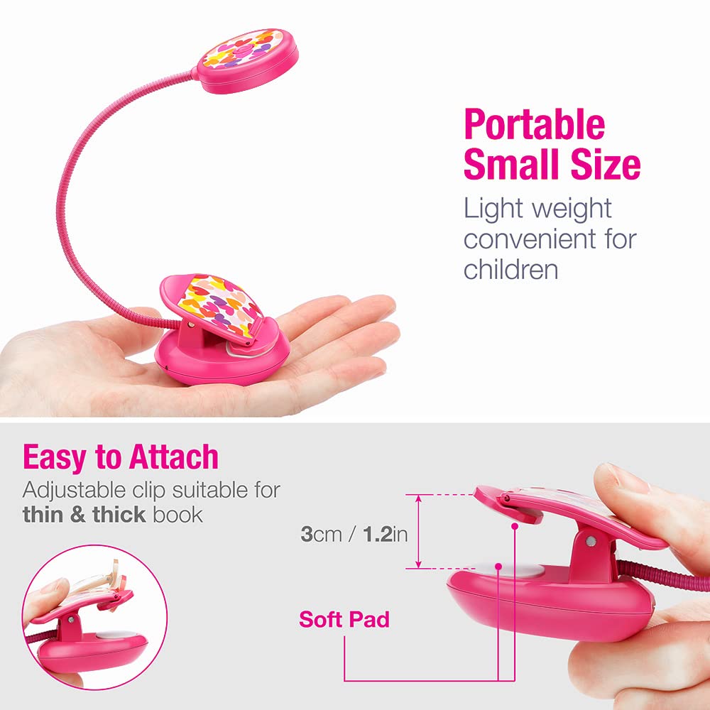 Vekkia book light in use with a book, rose red glow and flexible neck positioning.