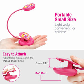 Vekkia book light in use with a book, rose red glow and flexible neck positioning.