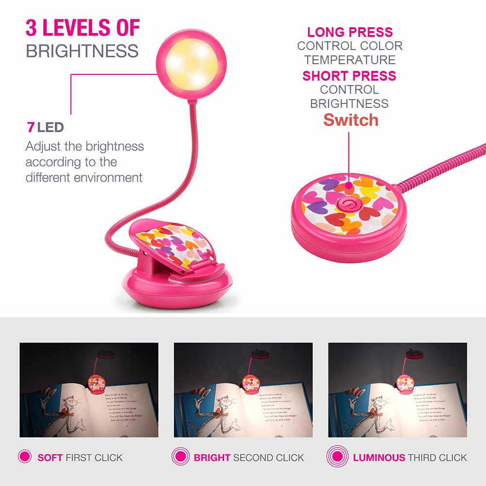 Vekkia rose-red rechargeable book light with long battery life for hours of reading.