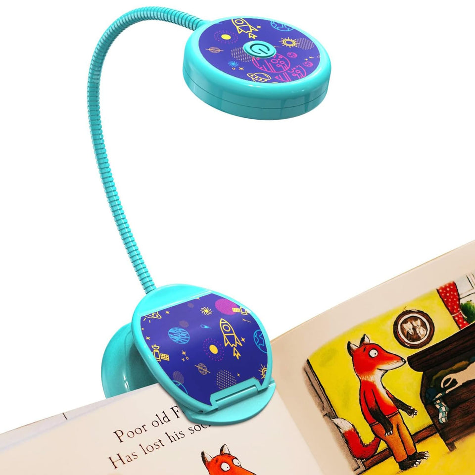 Vekkia clip-on light on page, boosting reading ease for kids.