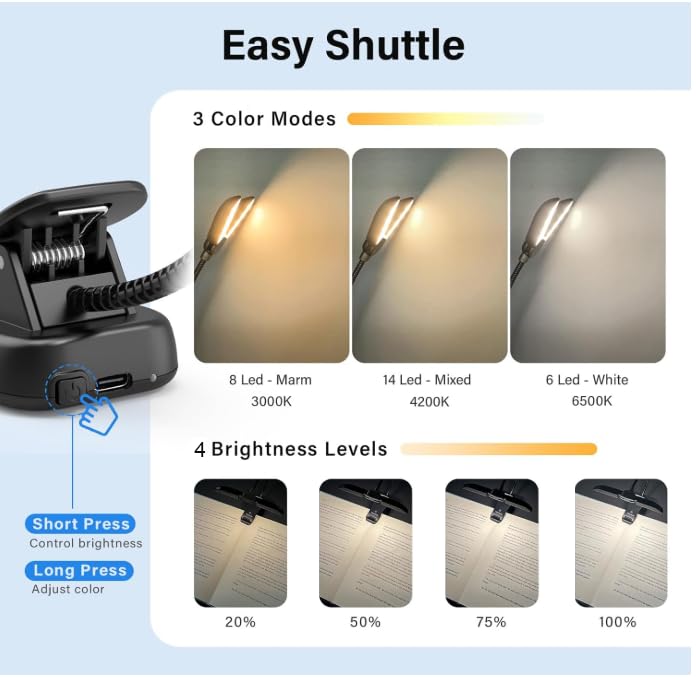 Vekkia lightweight clip-on lamp attached to a book for study