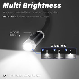 Vekkia LED book light demonstrates long-lasting battery for hours of bedtime reading.