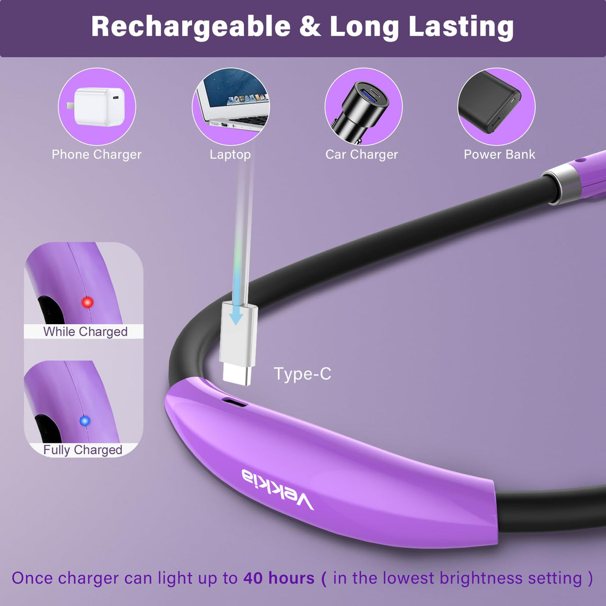 Vekkia neck light USB-C cable included for quick charging.