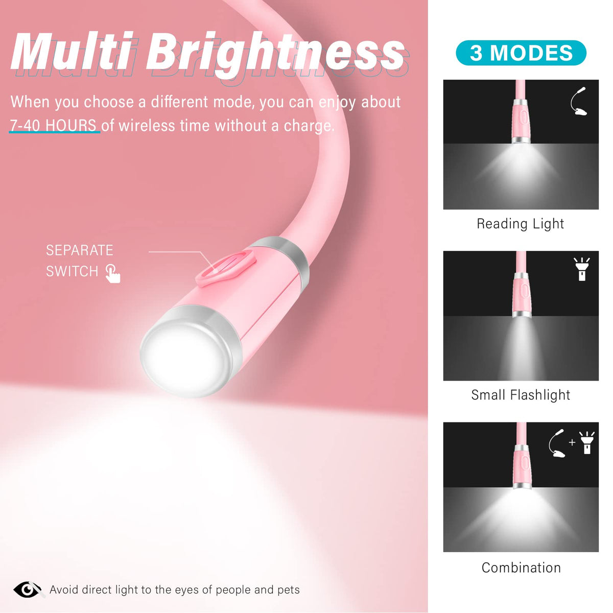Vekkia pink LED neck light showing three brightness levels for customizable comfort