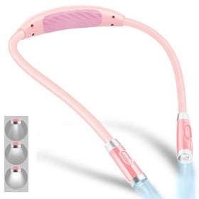 Vekkia rechargeable LED neck light pink angled toward pages for comfortable reading