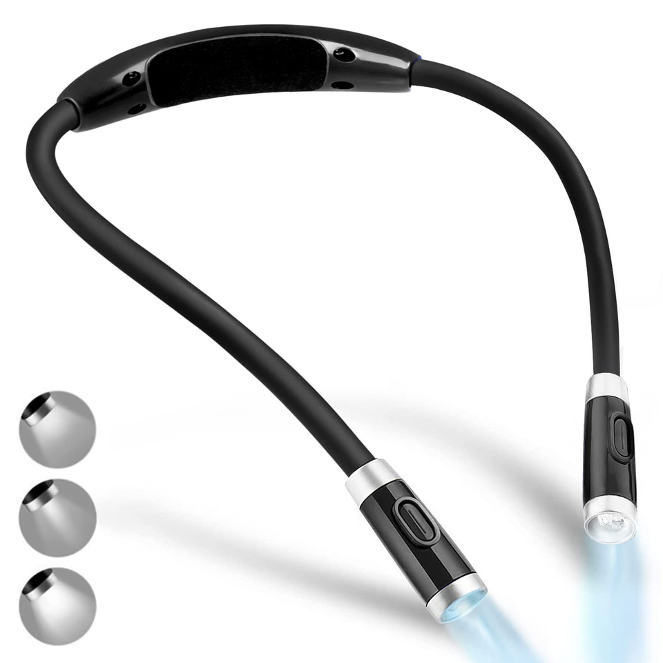Vekkia rechargeable LED neck light showing adjustable tilt for comfy bedside reading.