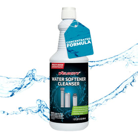 Velocity water softener cleaner bottle pour demonstrates easy dosing for maintenance.
