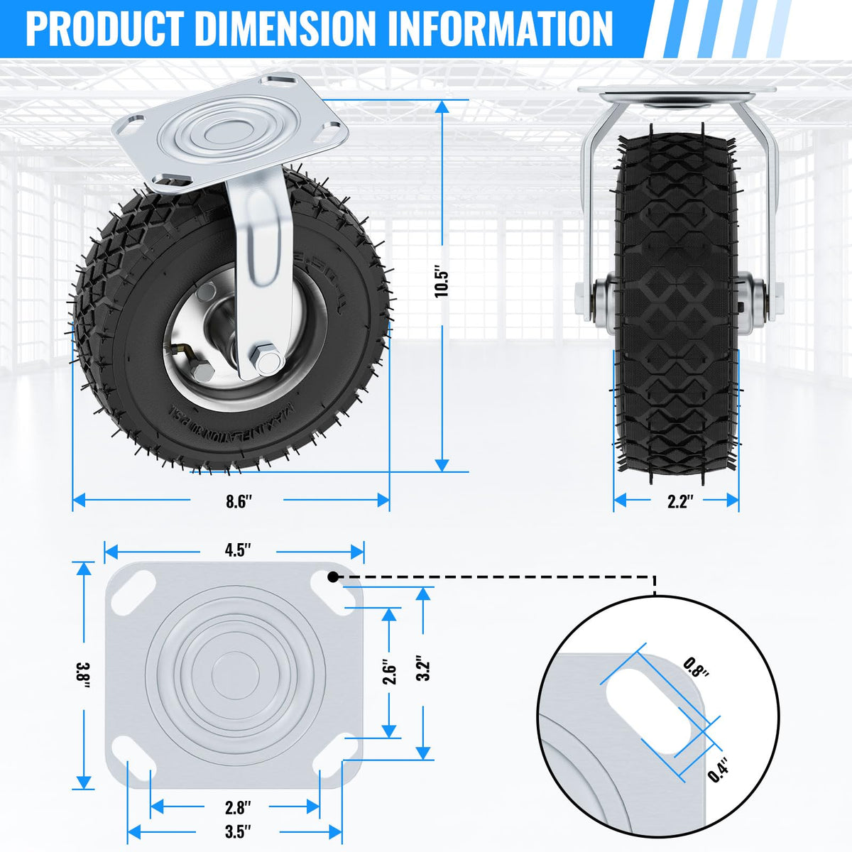VELPAX 8-inch knurled tread caster for enhanced grip on uneven floors.