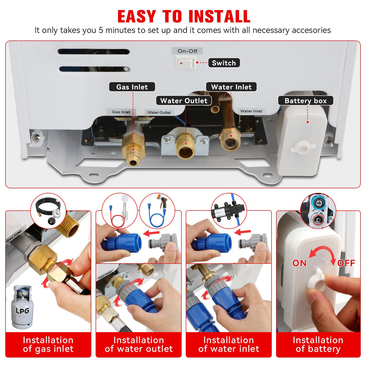 VELPAX propane water heater showerhead with multiple spray modes