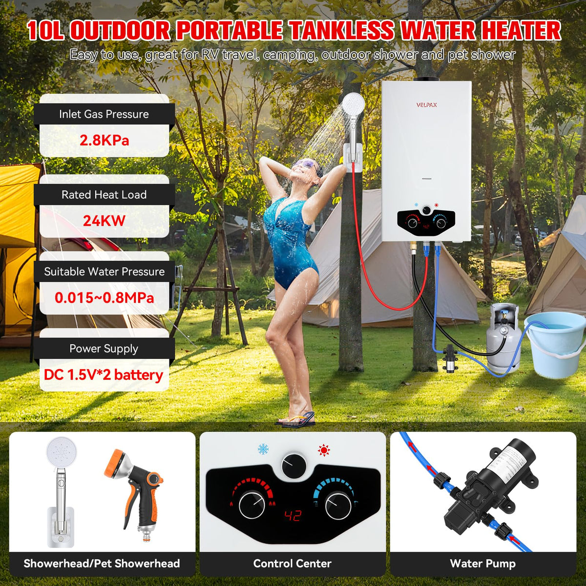 VELPAX propane water heater with digital display showing temperature settings