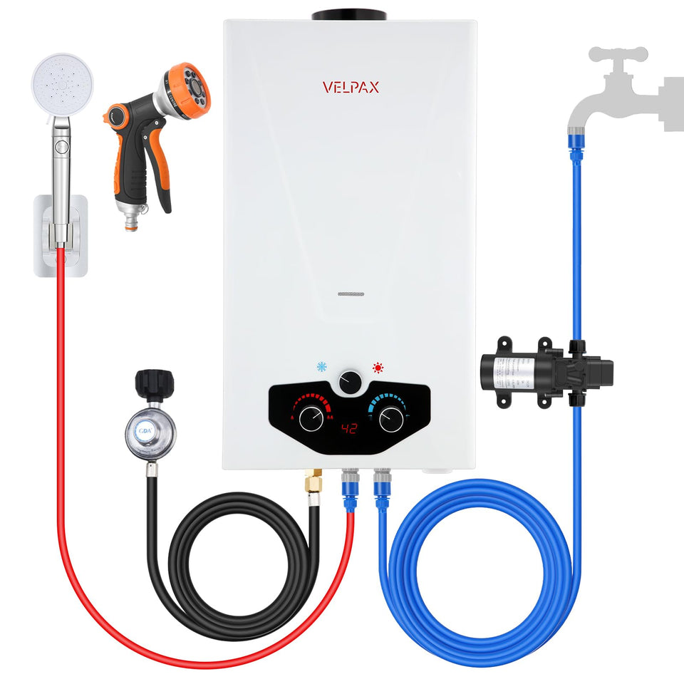 VELPAX propane tankless water heater front view for outdoor camping showers