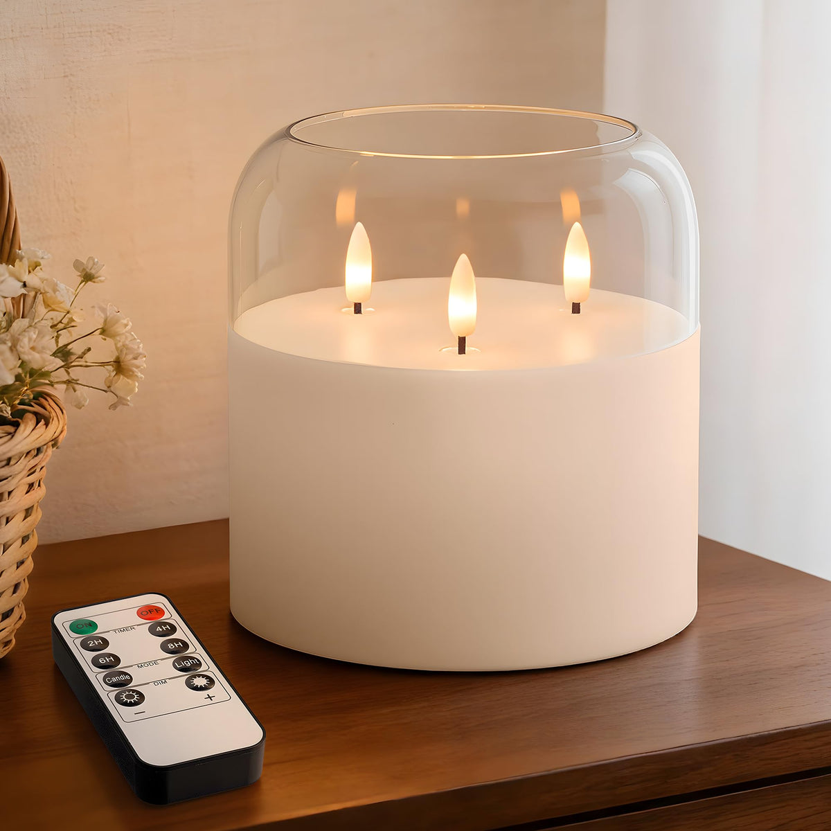 Velsyn 3-wick flameless candle with clear glass holder for warm ambience.