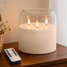 Velsyn 3-wick flameless candle with clear glass holder for warm ambience.