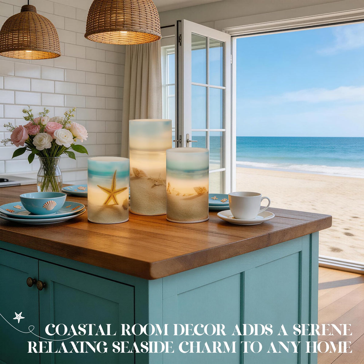 Velsyn candles in graduated heights add depth to a coastal shelf display