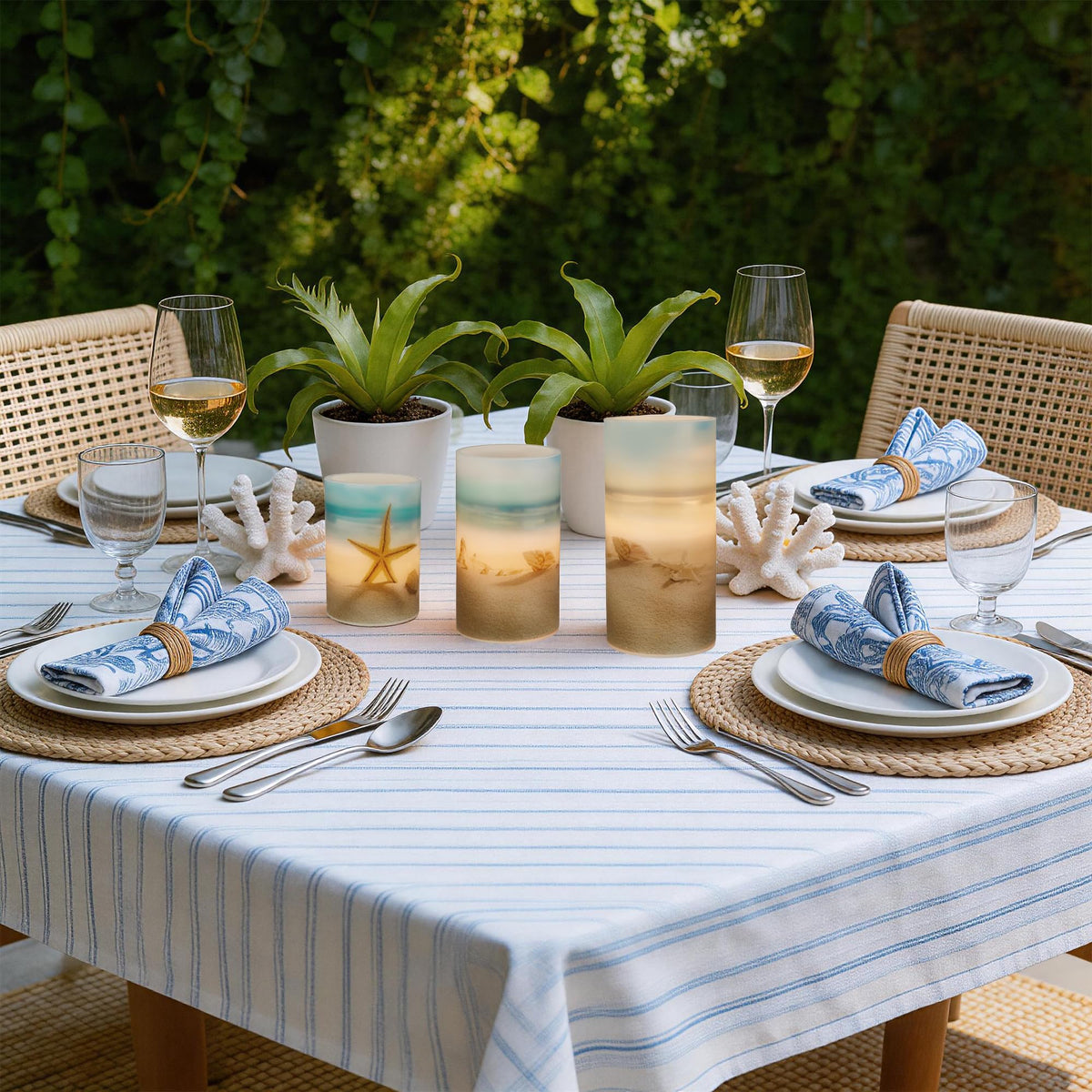 Coastal dining setup with Velsyn candles as centerpiece, enhancing the tablescape