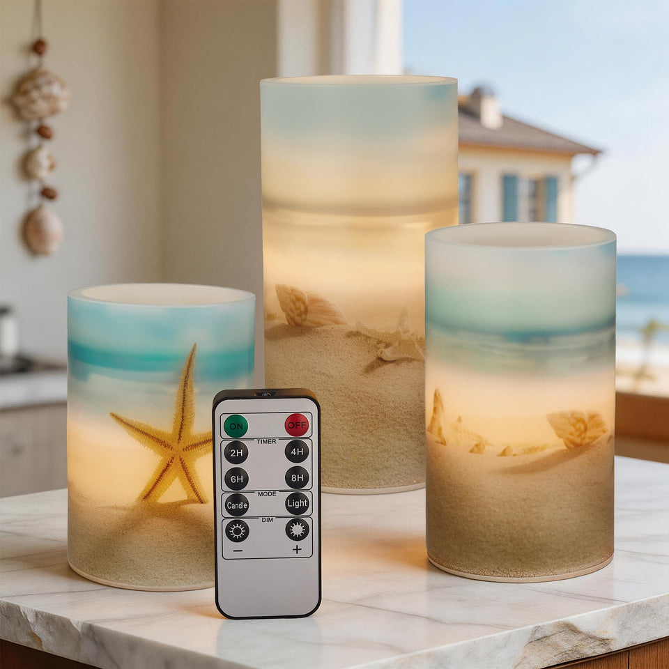 Velsyn Beach flameless candles with starfish and seashell pattern for coastal decor and ambiance