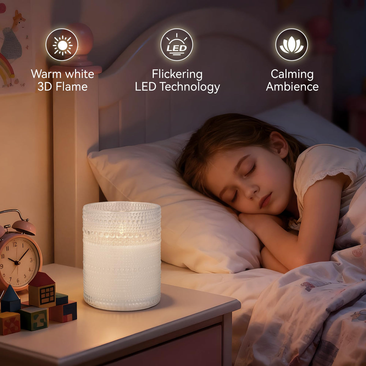 Velsyn 3D flicker flame detail enhances table decor safely.