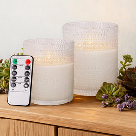 Velsyn dotted glass flameless candle 3x4, front view, provides warm, safe ambiance.