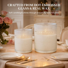 Velsyn 3x4 candle side view, adds subtle, safe glow to tabletops.