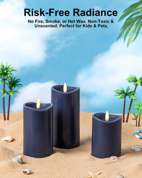Velsyn navy blue flameless candle with melted-top detail for authentic look.