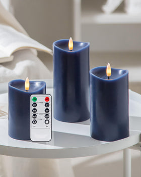 Velsyn navy blue flameless candles with remote for easy ambience control.