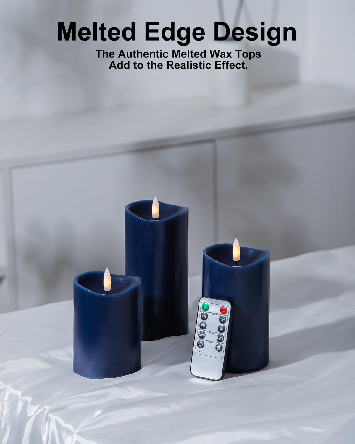 Velsyn navy blue LED pillar candle showing a realistic 3D flame.