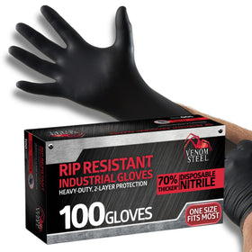 Venom Steel industrial nitrile gloves two-layer rip resistance for demanding shop work.