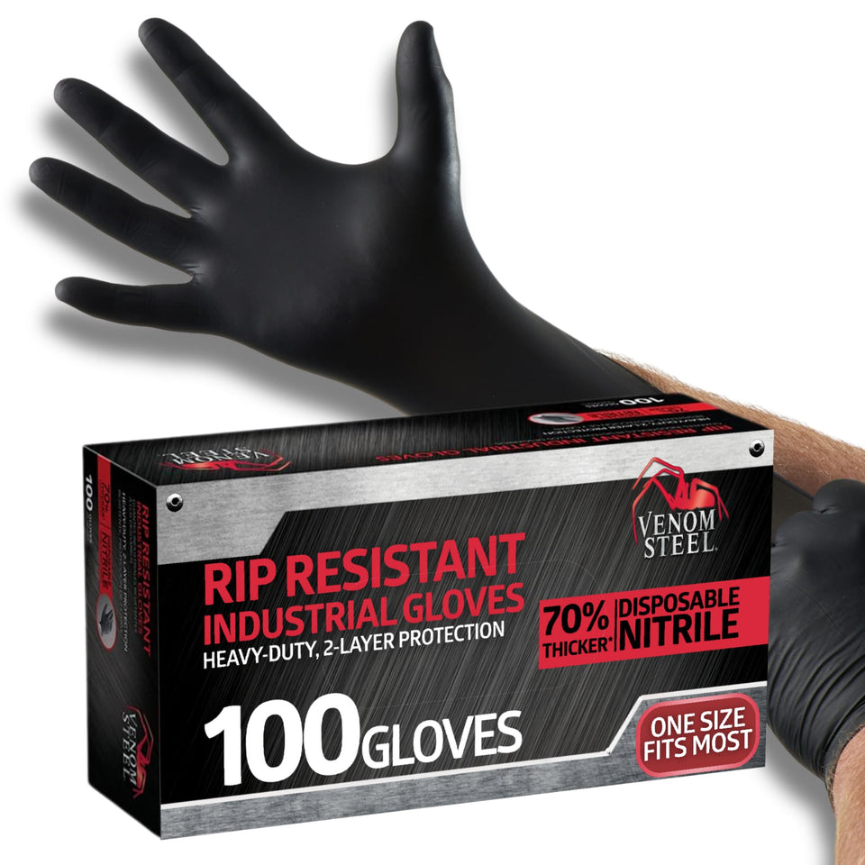 Venom Steel industrial nitrile gloves two-layer rip resistance for demanding shop work.