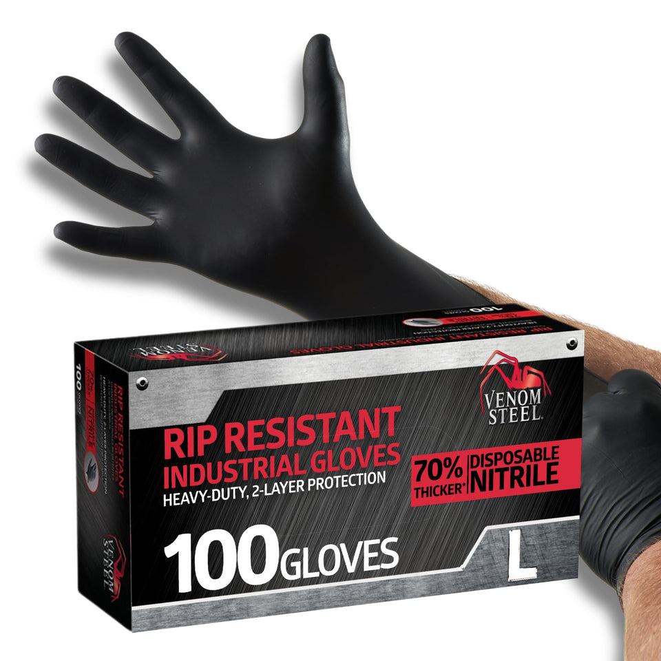 Venom Steel industrial nitrile gloves with textured grip for secure handling.