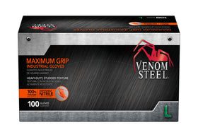 Venom Steel orange nitrile gloves with raised diamond texture for grip.