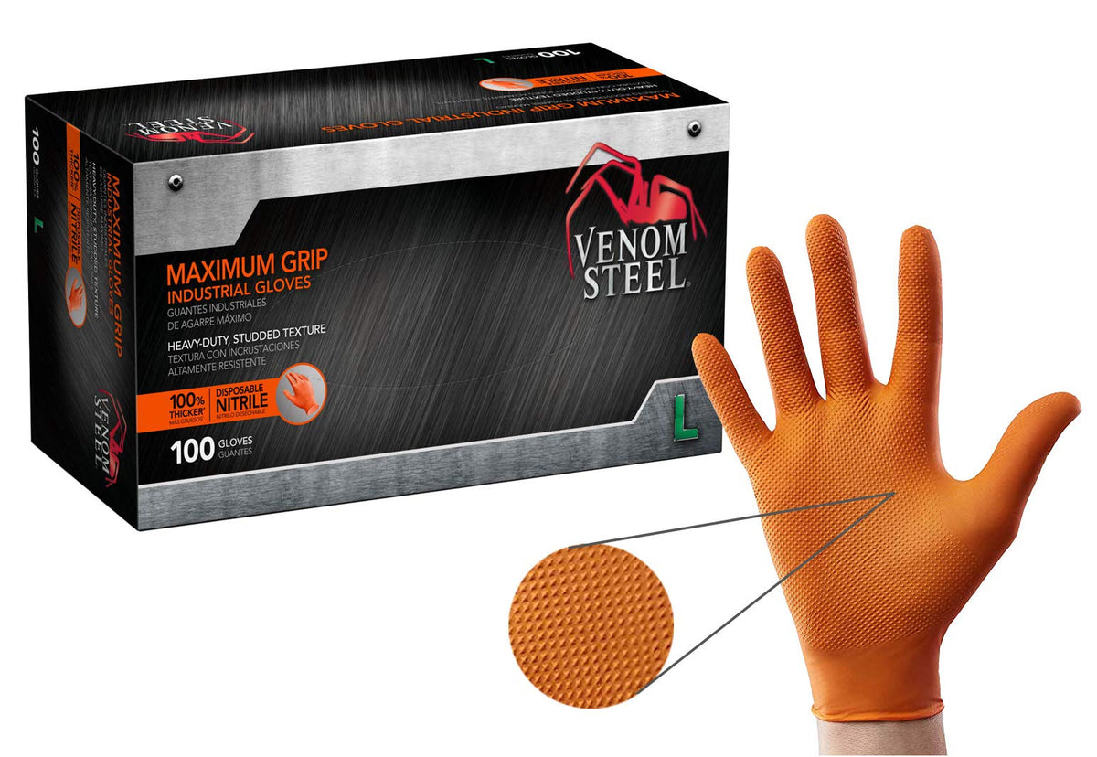 Venom Steel orange nitrile gloves with textured grip for secure handling.