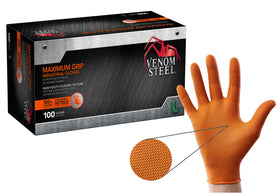 Venom Steel orange nitrile gloves with textured grip for secure handling.