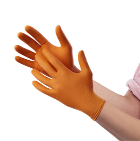 Venom Steel Orange Nitrile gloves show 8 mil thickness for durability.