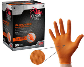 Venom Steel Orange Nitrile gloves with raised diamond texture for improved grip.