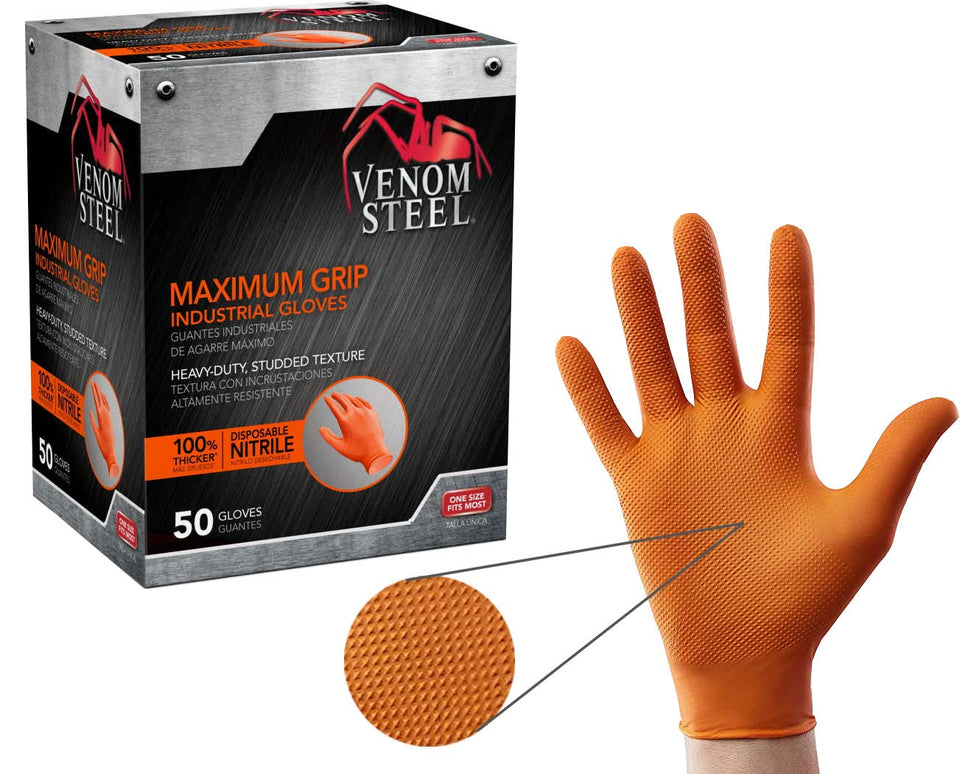 Venom Steel Orange Nitrile gloves with raised diamond texture for improved grip.