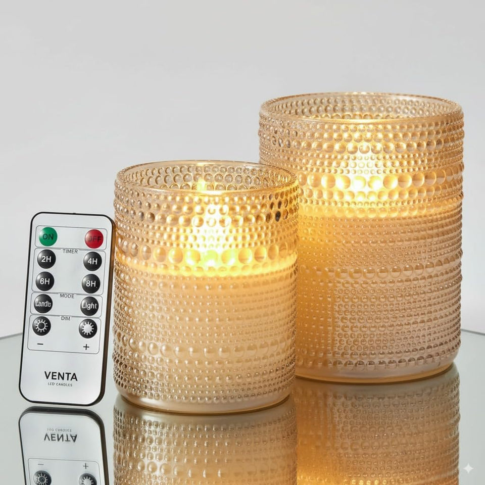 VENTA Beyond The Flame 4-inch ivory dotted glass candle for cozy, flameless ambiance.