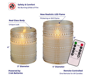 VENTA Beyond The Flame 5-inch ivory dotted glass candle enhances tables with safe glow.