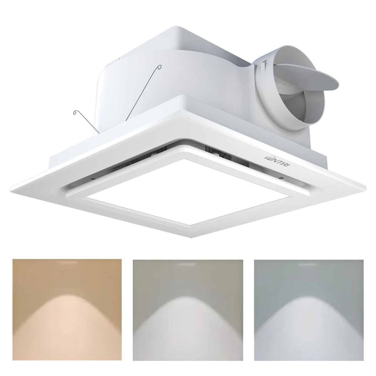 Ventiri bathroom fan light 12-inch front view for quiet ventilation and integrated LED.
