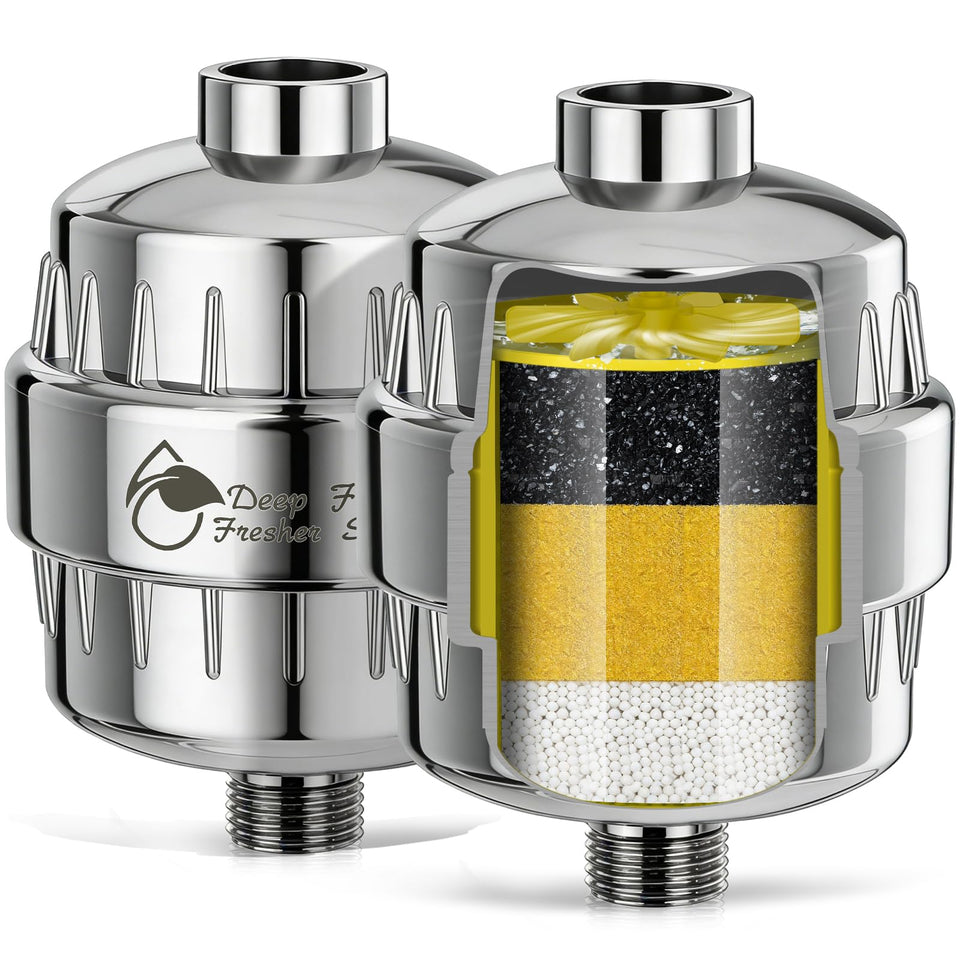 VeoryFly heavy-duty shower filter 2-pack box showing packaging for families.