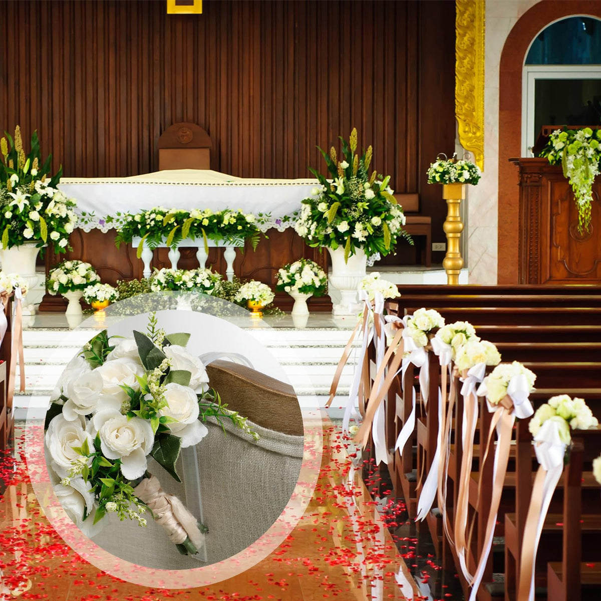 Vercraft clear pew clips blend with chairs while securing decorations