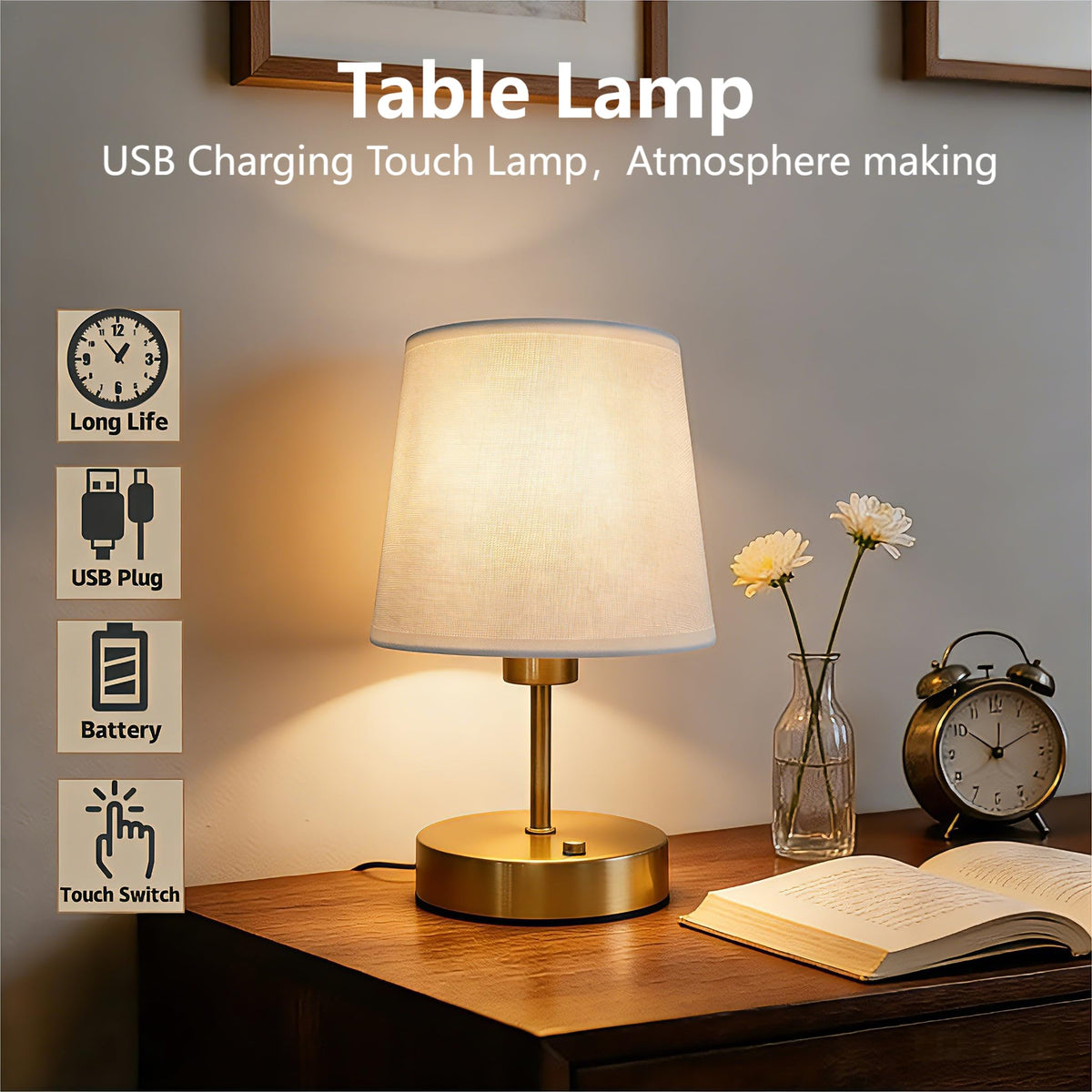 Verdilume Mini Gold table lamp fabric shade diffuses warm light