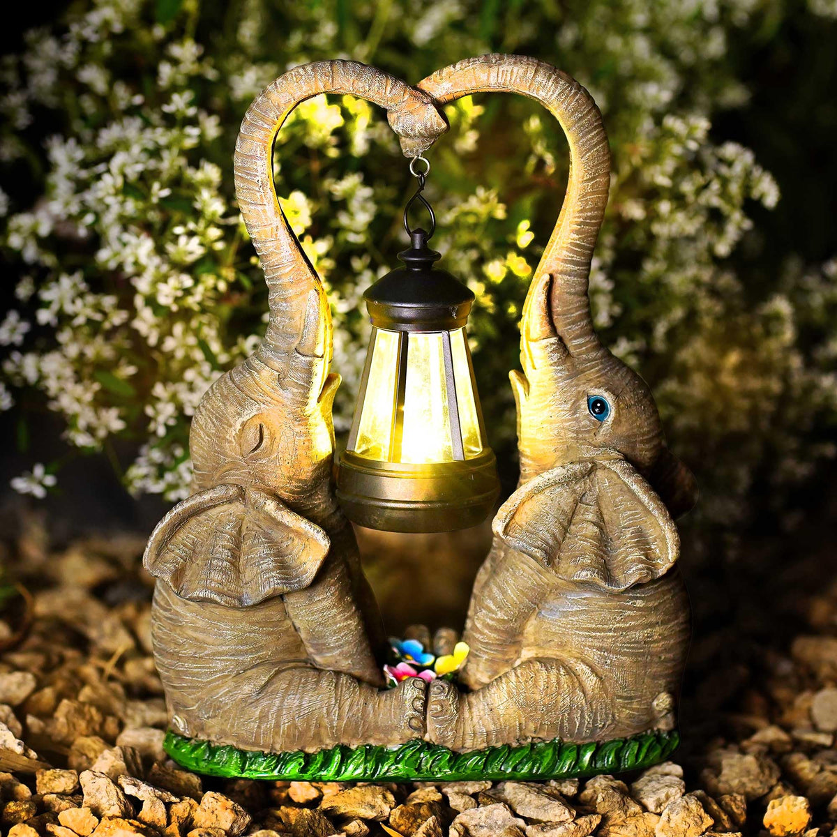 Vereemy porch-ready elephant decor adds a soft evening glow.