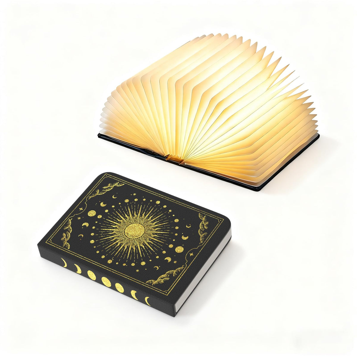 Vergissm book lamp with embossed cover lights a cozy reading nook.