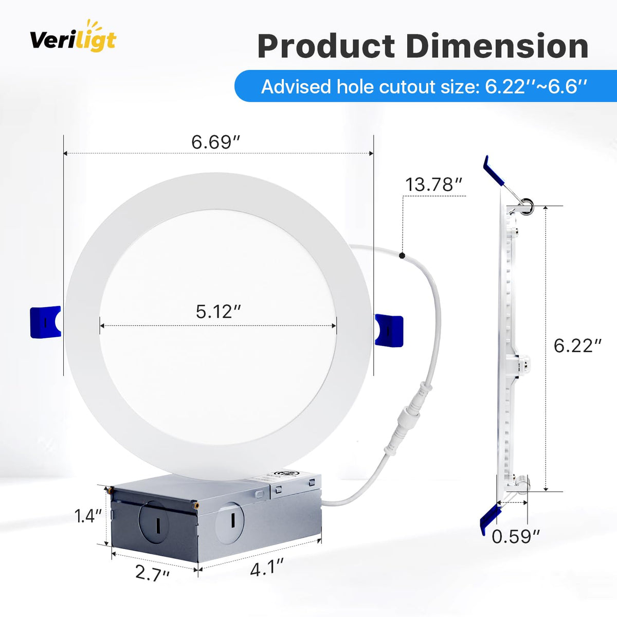 Veriligt retrofit installation guide shows easy 1:1 cutout and ceiling push-in design.